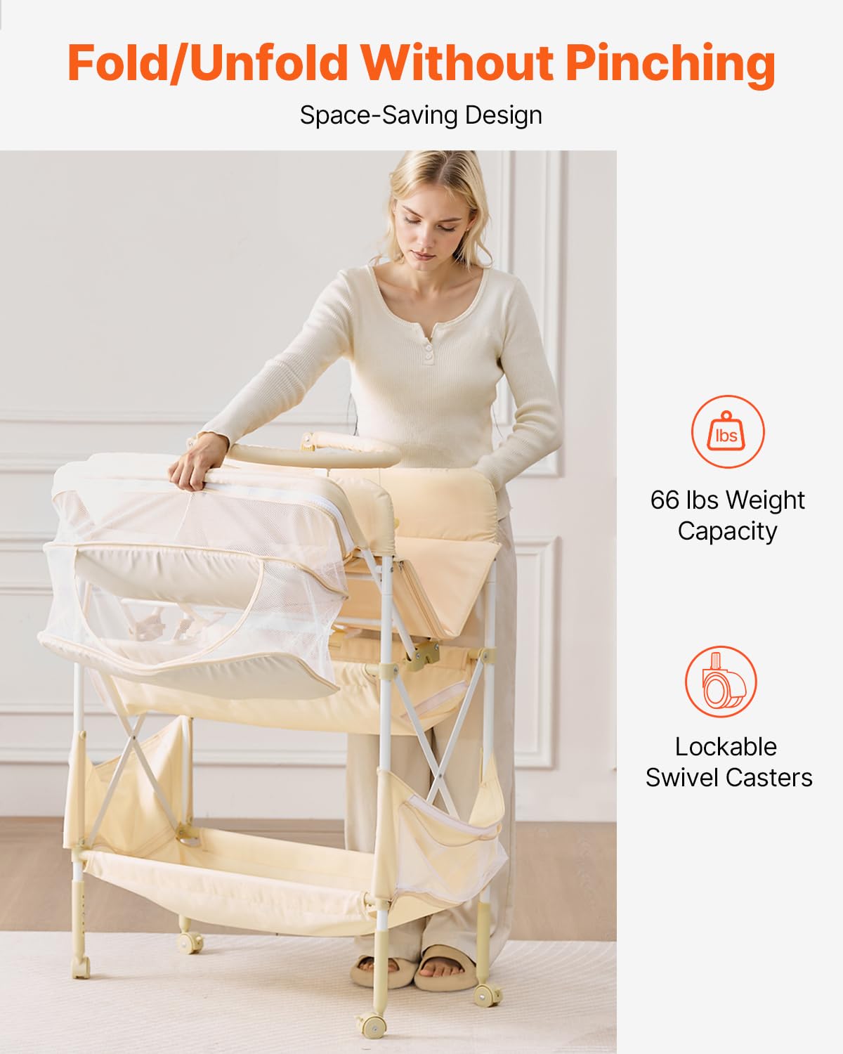Light Beige Foldable Baby Changing Table with 2 Fabric Drawers S1705