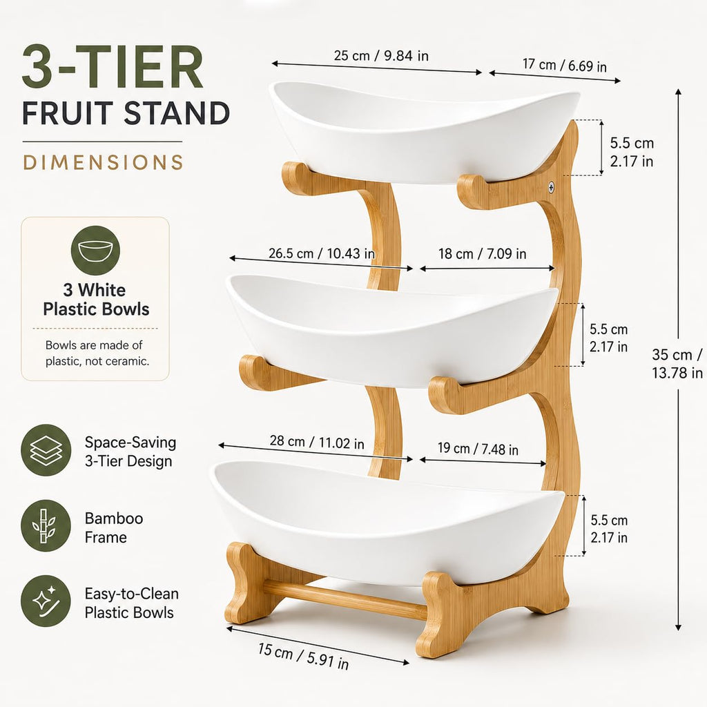 3 Tier Plastic Fruit Basket with Bamboo Stand V998762