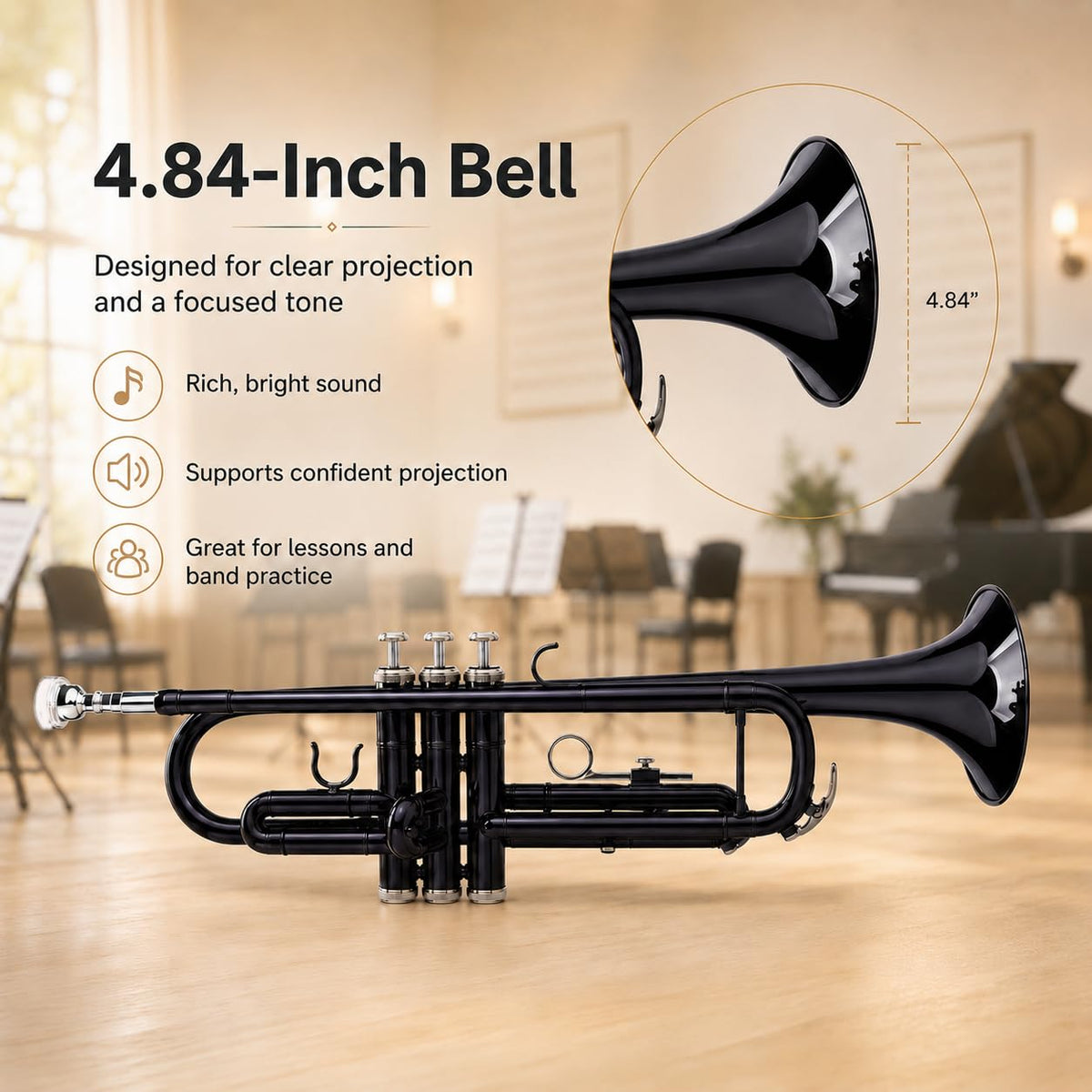 Bb Standard Trumpet Set with Hard Case, 7C Mouthpiece, Cleaning Cloth & Gloves N571