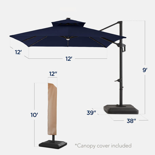 12x12ft LED Cantilever Patio Umbrella with Base and 360° Rotation U6682