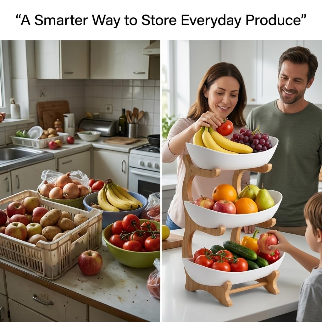 3 Tier Plastic Fruit Basket with Bamboo Stand V998762