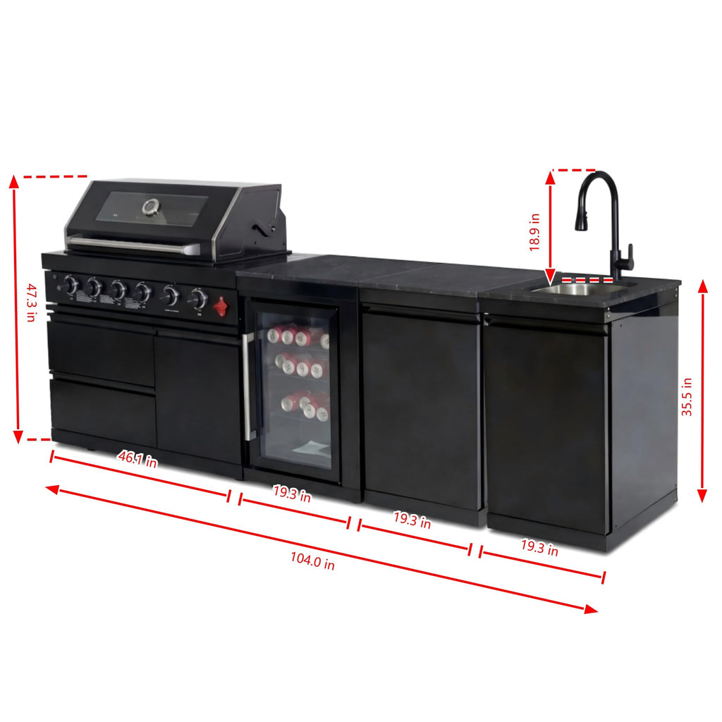 104" Modular Outdoor Kitchen Island with 4-Burner Propane Grill, Refrigerator, Sink, Storage Cabinets, and Granite Countertop R645565