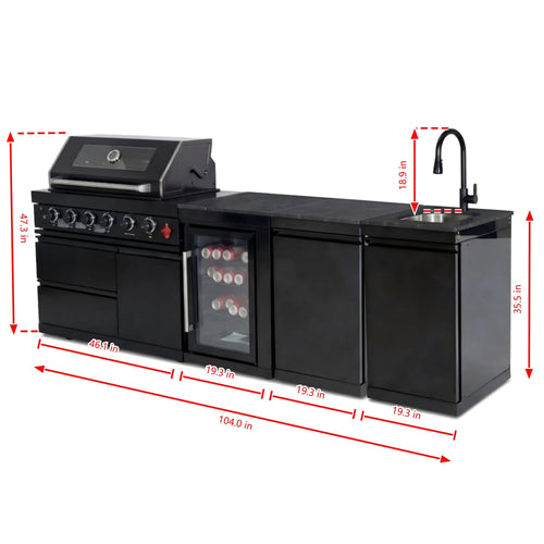 104" Modular Outdoor Kitchen Island with 4-Burner Propane Grill, Refrigerator, Sink, Storage Cabinets, and Granite Countertop R645565