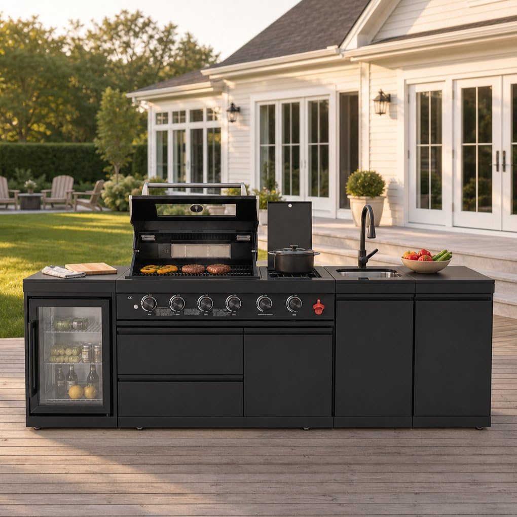104" Modular Outdoor Kitchen Island with 4-Burner Propane Grill, Refrigerator, Sink, Storage Cabinets, and Granite Countertop R645565
