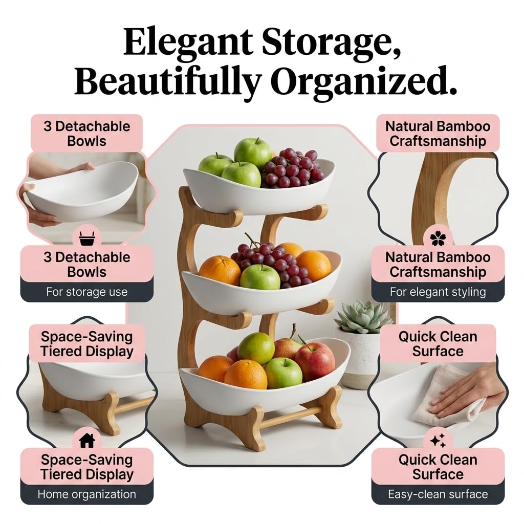 3 Tier Plastic Fruit Basket with Bamboo Stand V998762