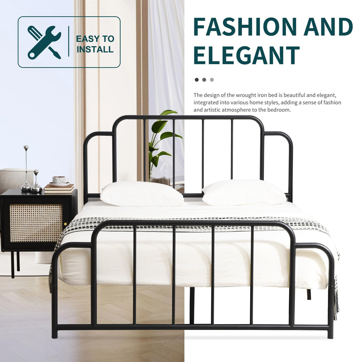 Black Full Size Metal Bed with Headboard and Footboard K9394
