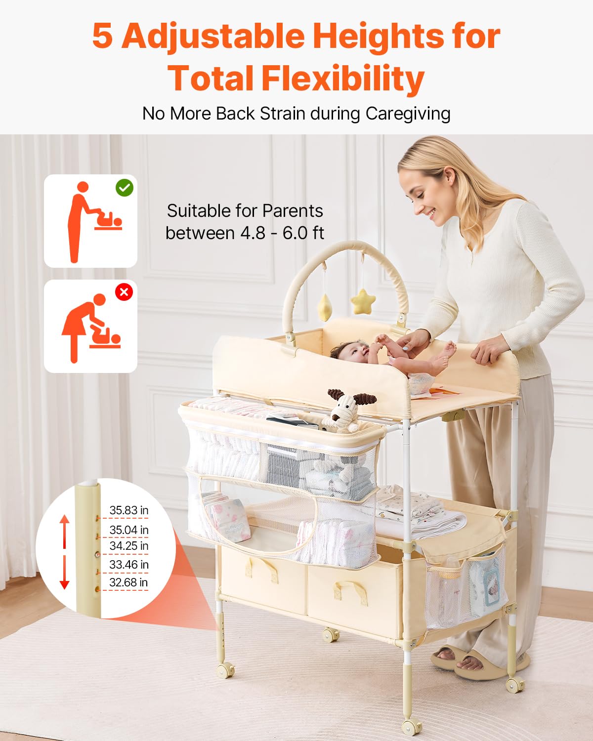 Light Beige Foldable Baby Changing Table with 2 Fabric Drawers S1705