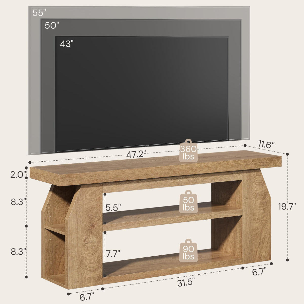 Oak 3-Tier Wood TV Stand for 55 Inch TV O3096