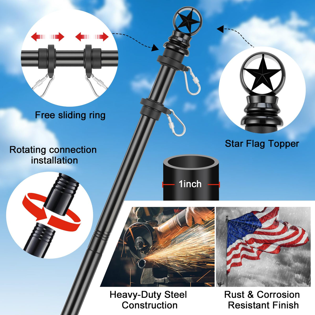 5ft Stainless Steel Flagpole with 3x5 Embroidered US Flag Q622