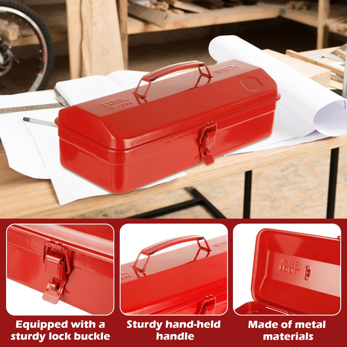 14 Inch Red Metal Tool Box with Latch and Handle U145