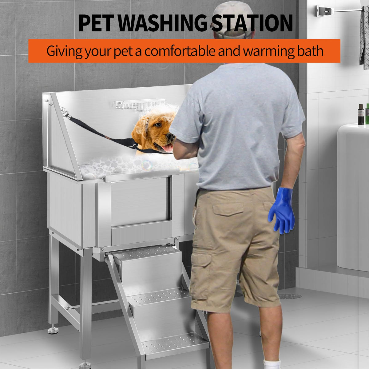 38" Stainless Steel Dog Grooming Tub with Sliding Door K82727