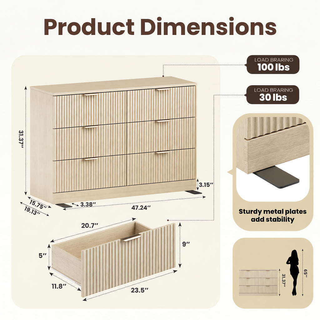 Natural Wood 6 Drawer Dresser Q1601