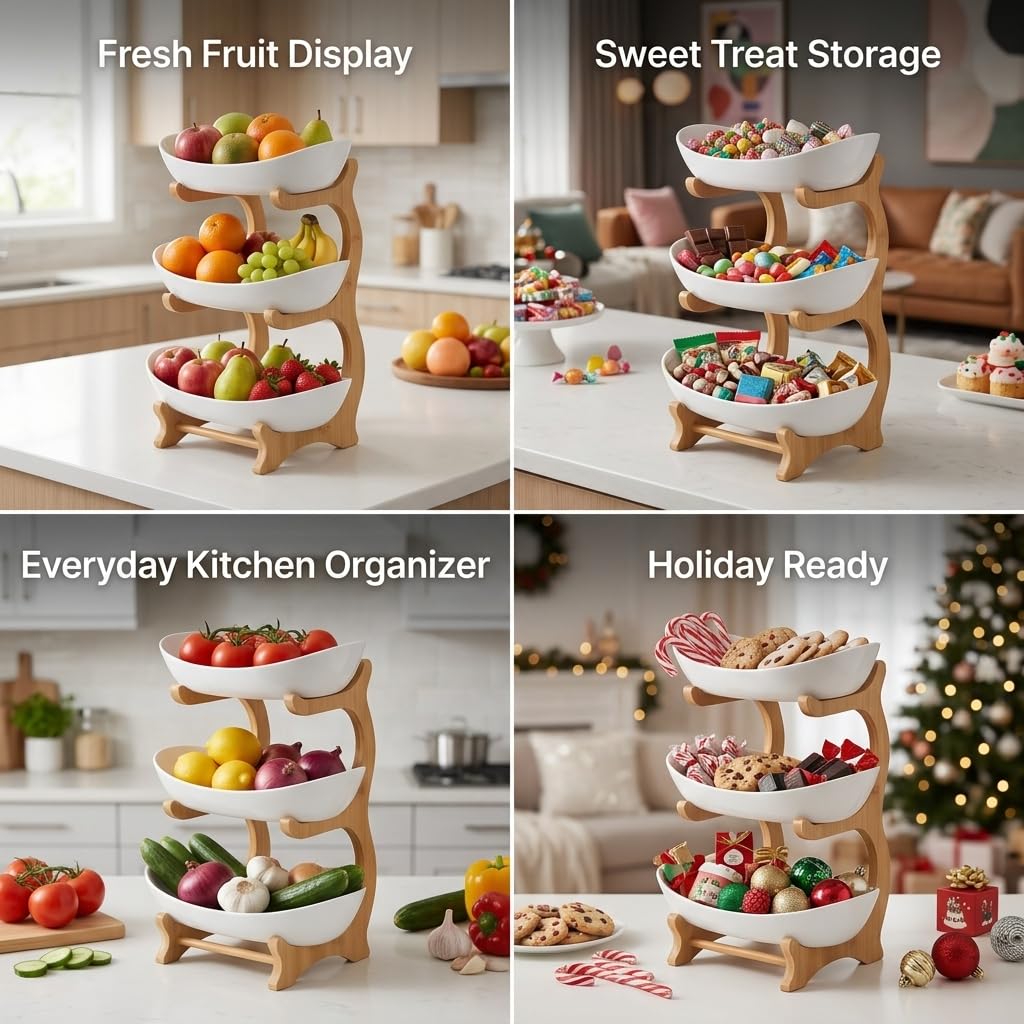 3 Tier Plastic Fruit Basket with Bamboo Stand V998762