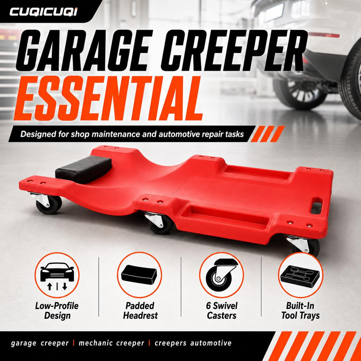 Low Profile Mechanic Creeper with Padded Headrest and 6 Swivel Casters Z259841