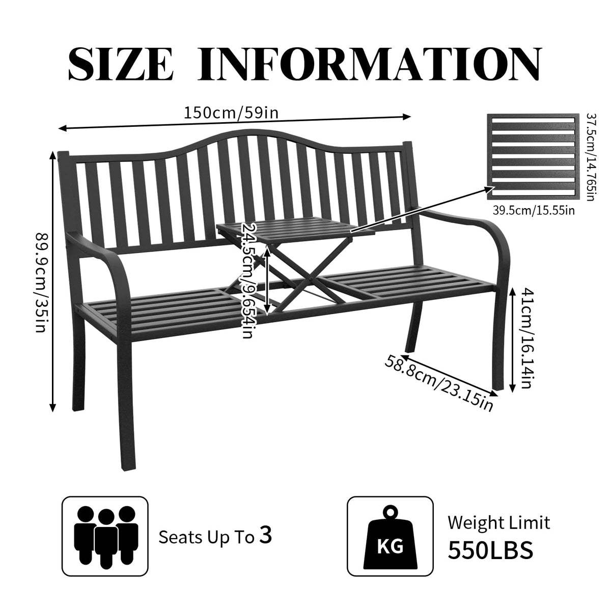 59 Inches Metal Outdoor Bench with Pull-Out Table T5959