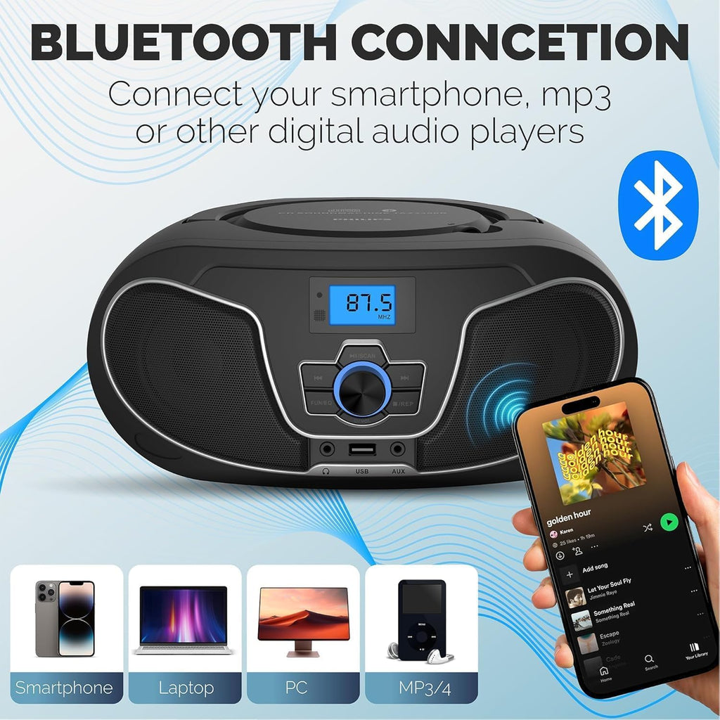 Portable CD Player Boombox with Bluetooth, FM Radio, USB Playback & AUX Input E948