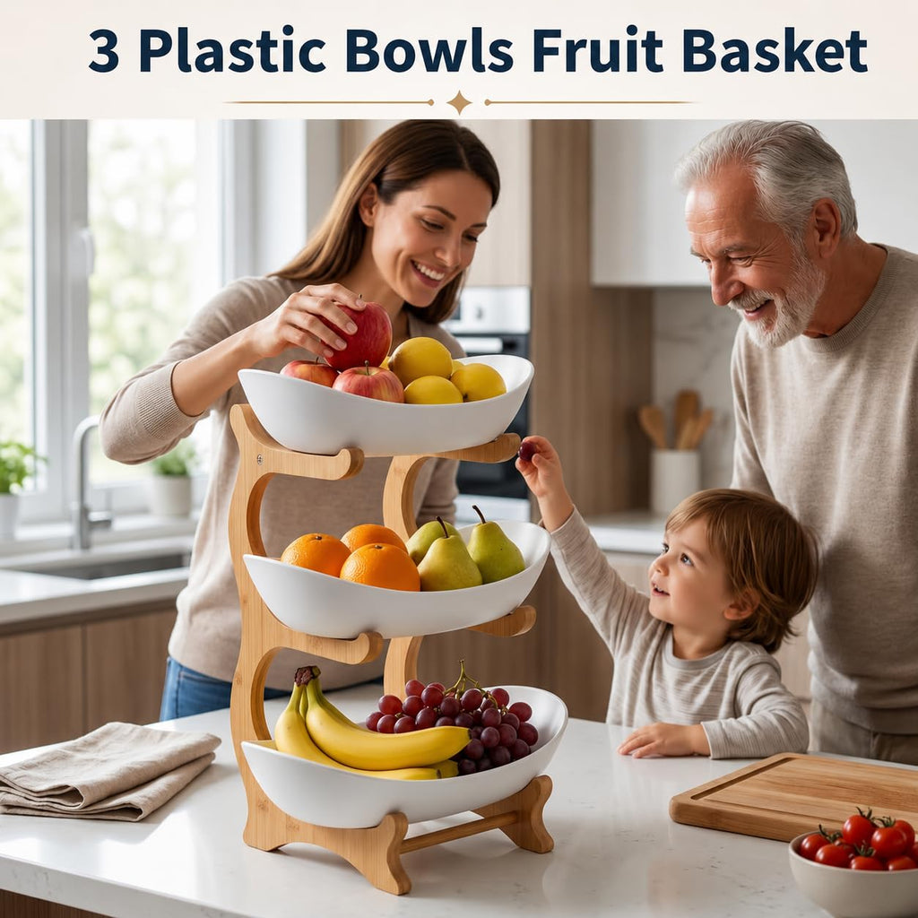 3 Tier Plastic Fruit Basket with Bamboo Stand V998762