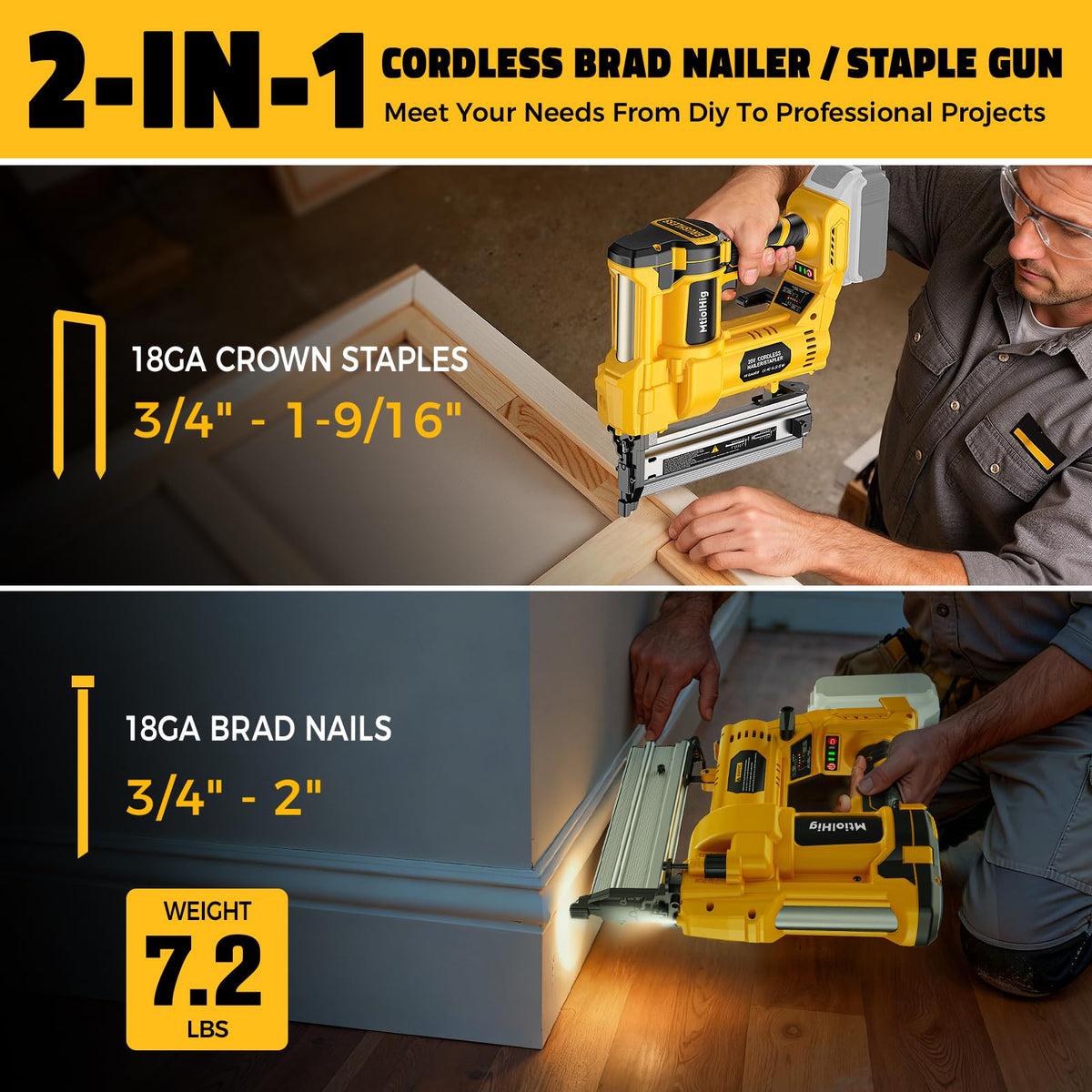 Cordless 2Inch Brad Nailer, 2-in-1 Staple Gun, 18 Gauge Battery Powered N91123