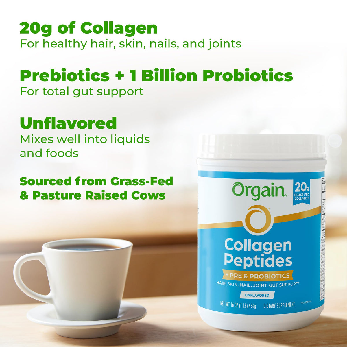 Collagen Peptides + Prebiotic & Probiotics Powder, 1lb N763714