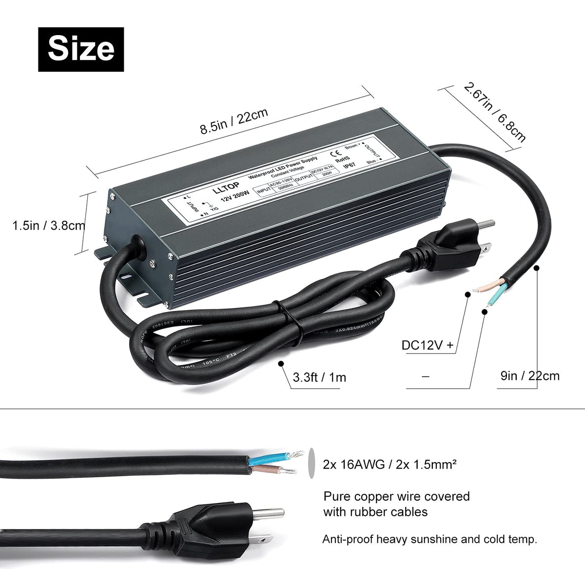 12V DC Waterproof IP67 Power Supply 200W 16.7A S749
