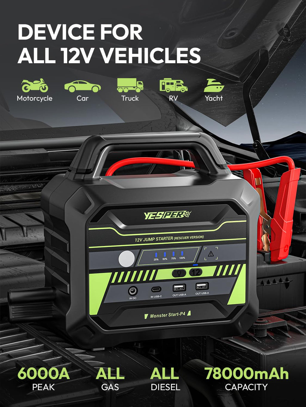 78000mAh Heavy Duty Jump Starter 6000A P499
