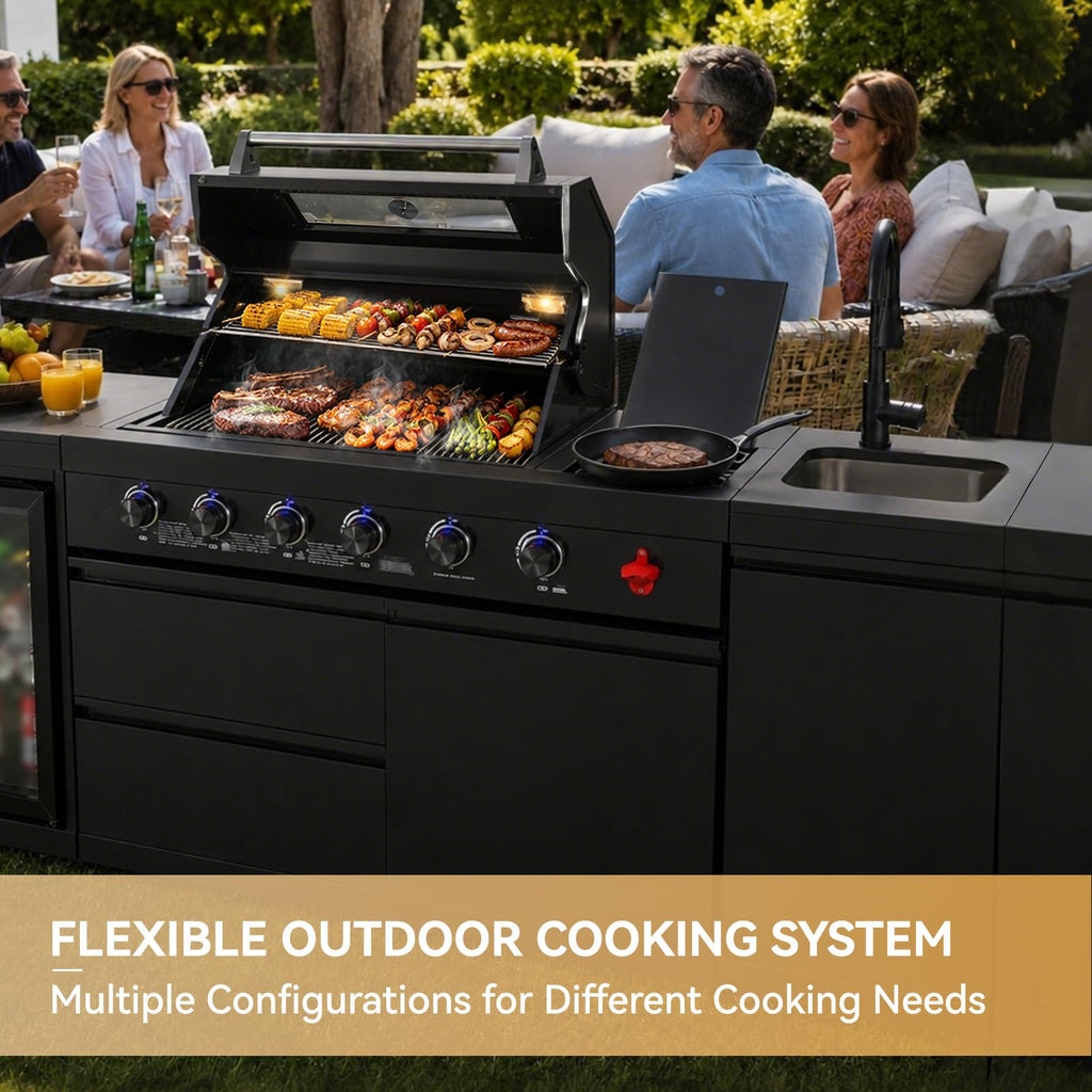 104" Modular Outdoor Kitchen Island with 4-Burner Propane Grill, Refrigerator, Sink, Storage Cabinets, and Granite Countertop R645565
