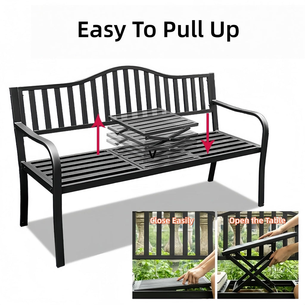 59 Inches Metal Outdoor Bench with Pull-Out Table T5959