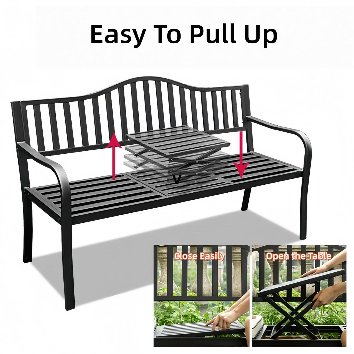 59 Inches Metal Outdoor Bench with Pull-Out Table T5959