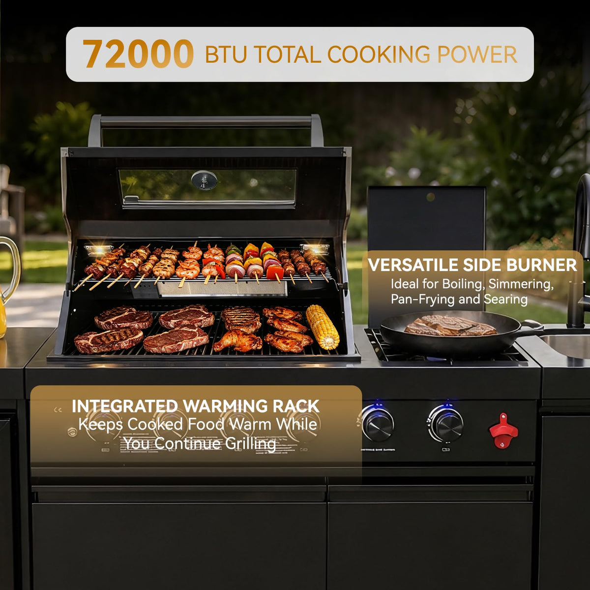 104" Modular Outdoor Kitchen Island with 4-Burner Propane Grill, Refrigerator, Sink, Storage Cabinets, and Granite Countertop R645565
