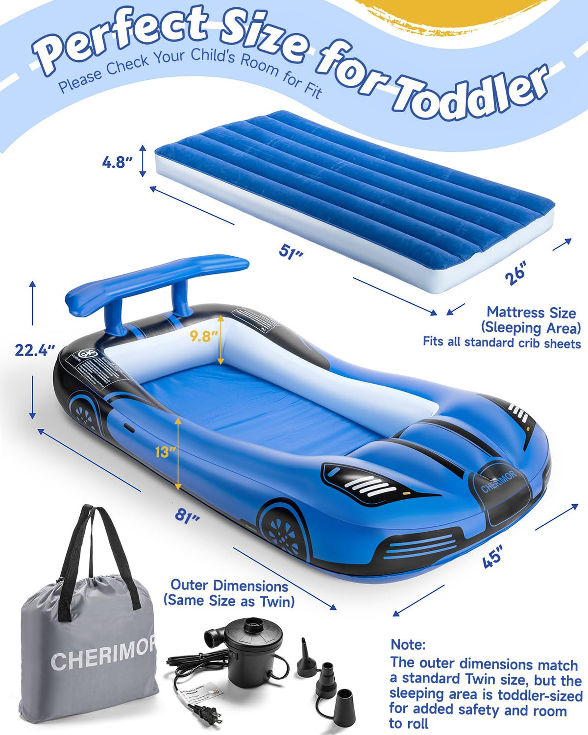 Inflatable Toddler Travel Bed with Safety Bumpers & Auto Pump V903