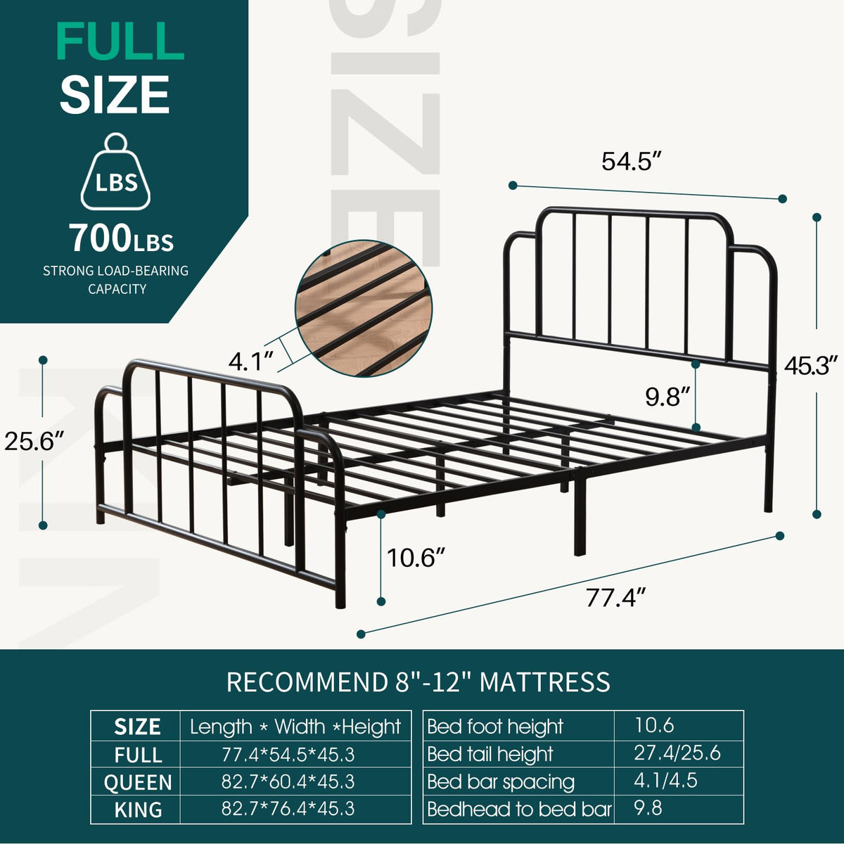 Black Full Size Metal Bed with Headboard and Footboard K9394