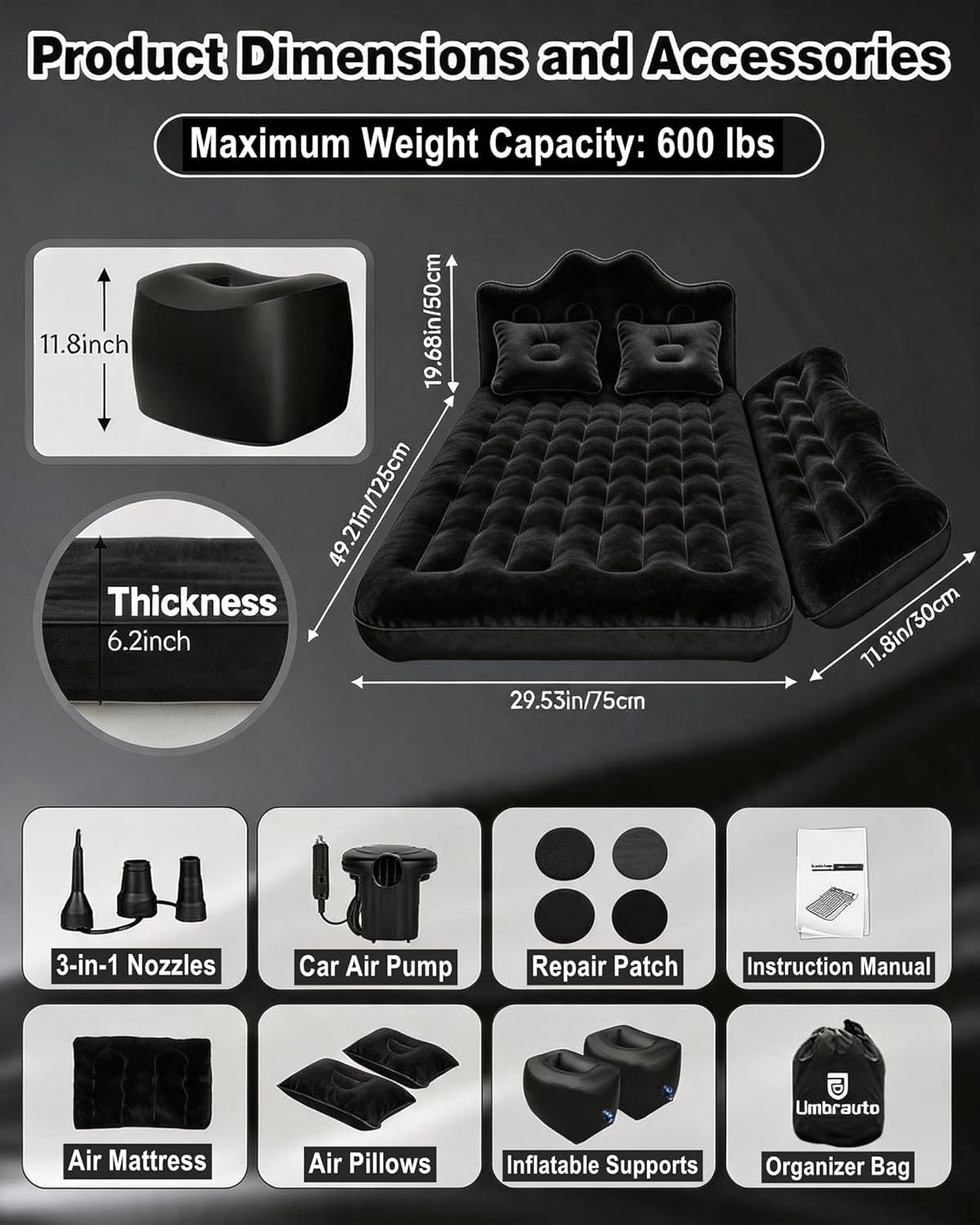 Inflatable Car Air Mattress with Pump & Pillows F302