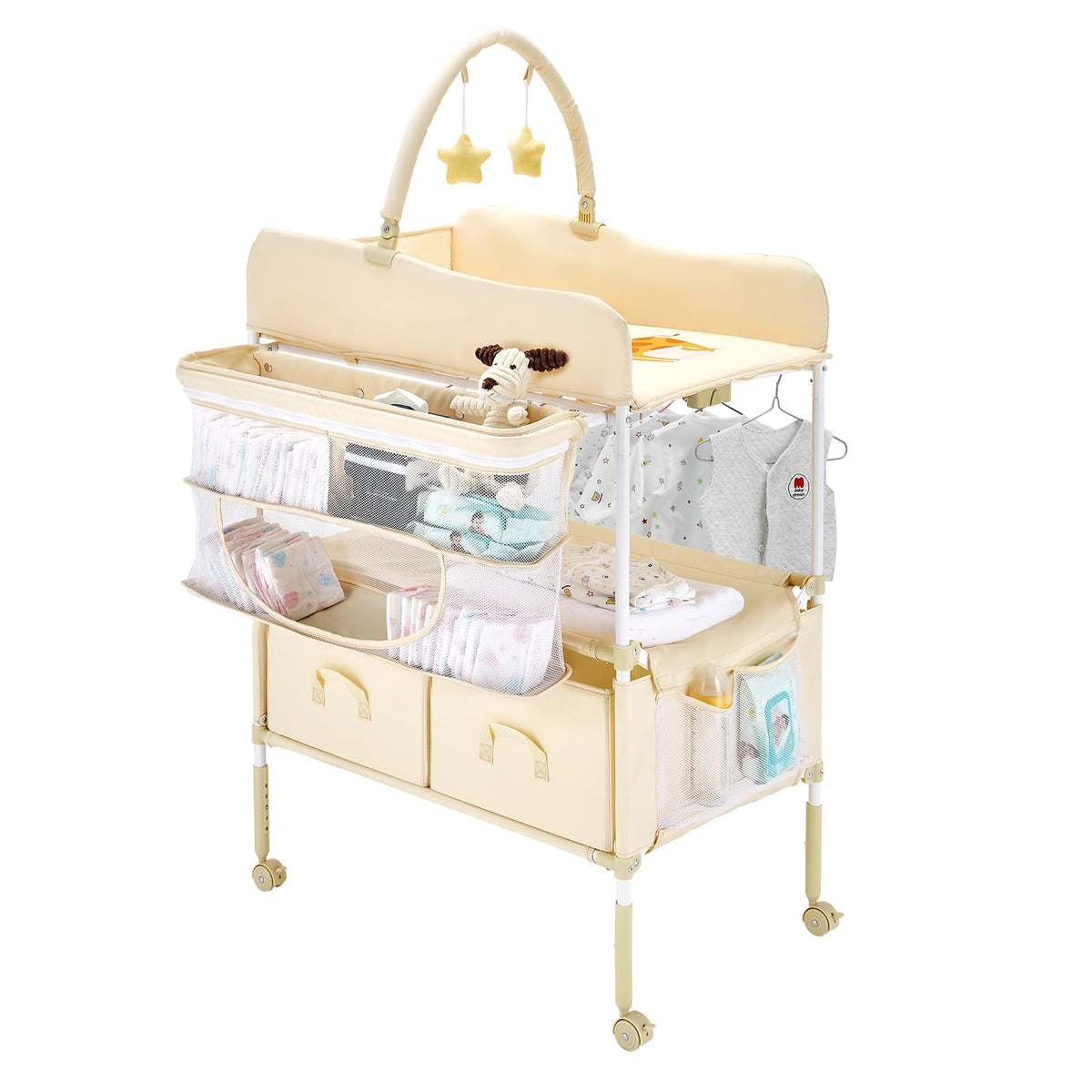Light Beige Foldable Baby Changing Table with 2 Fabric Drawers S1705