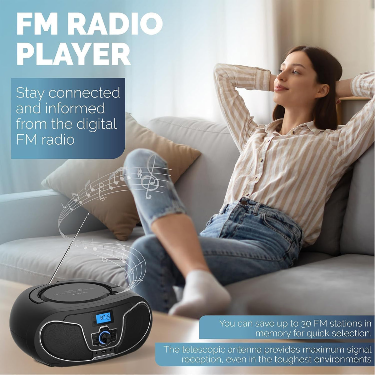 Portable CD Player Boombox with Bluetooth, FM Radio, USB Playback & AUX Input E948