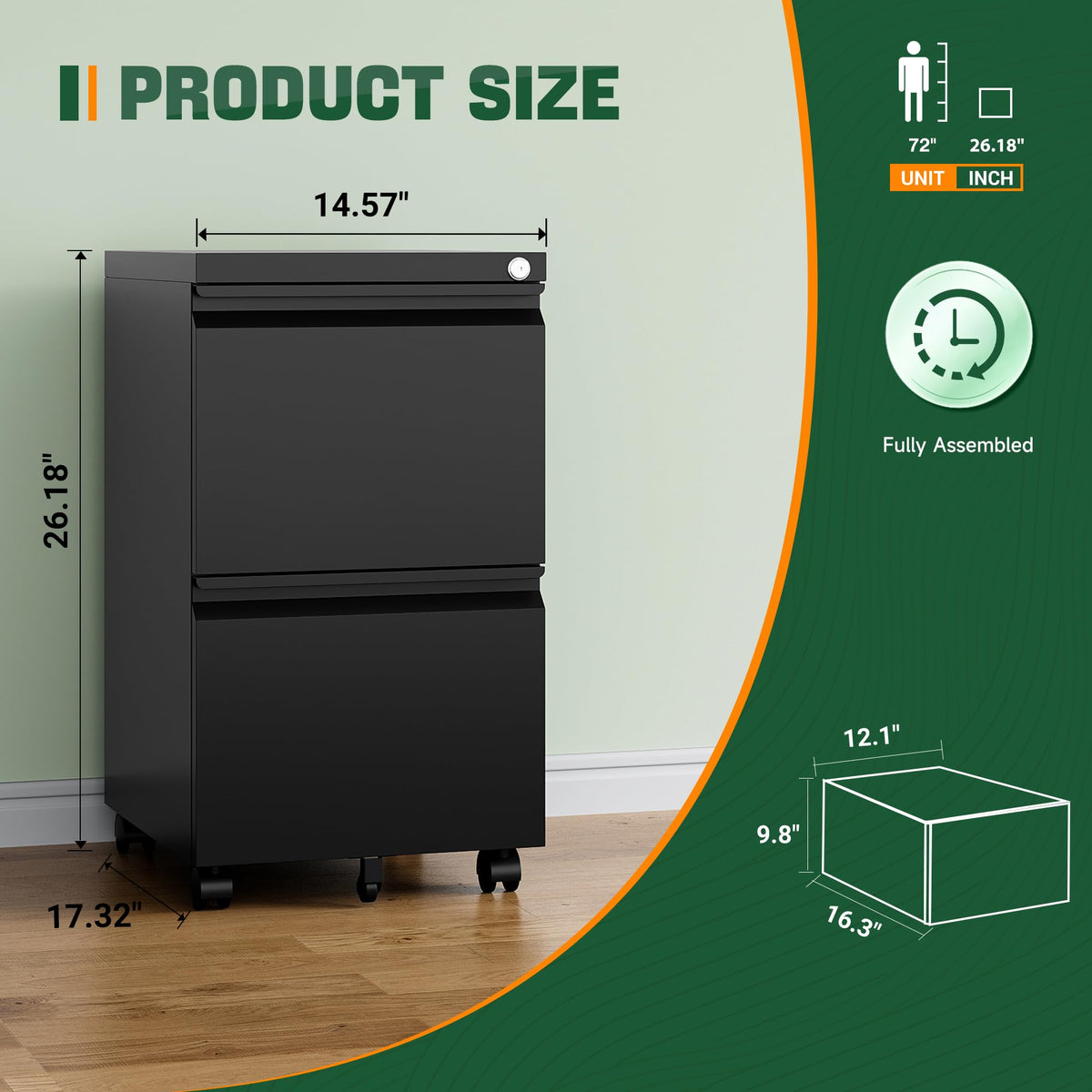 2 Drawer Black Metal Mobile File Cabinet with Lock B9575