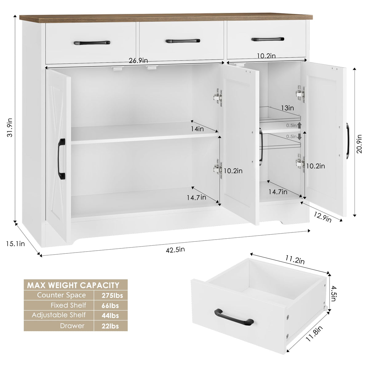 White Kitchen Buffet Cabinet with Storage Y866