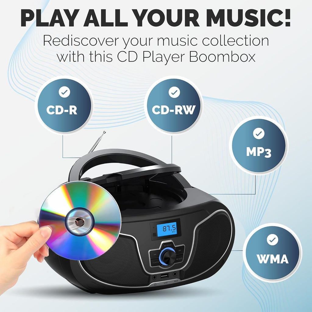 Portable CD Player Boombox with Bluetooth, FM Radio, USB Playback & AUX Input E948