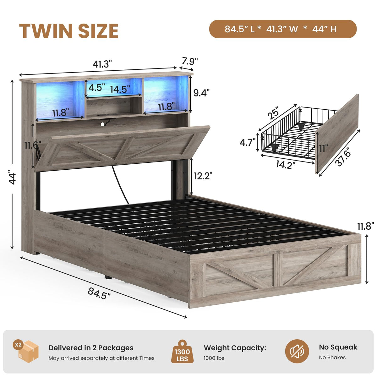 Twin Bed with Bookcase Headboard and 4 Drawers C132834