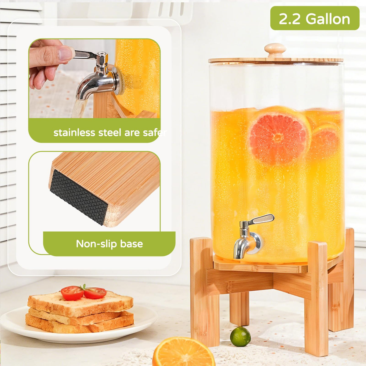 2.2 Gallon Glass Drink Dispenser with Wood Stand X96574
