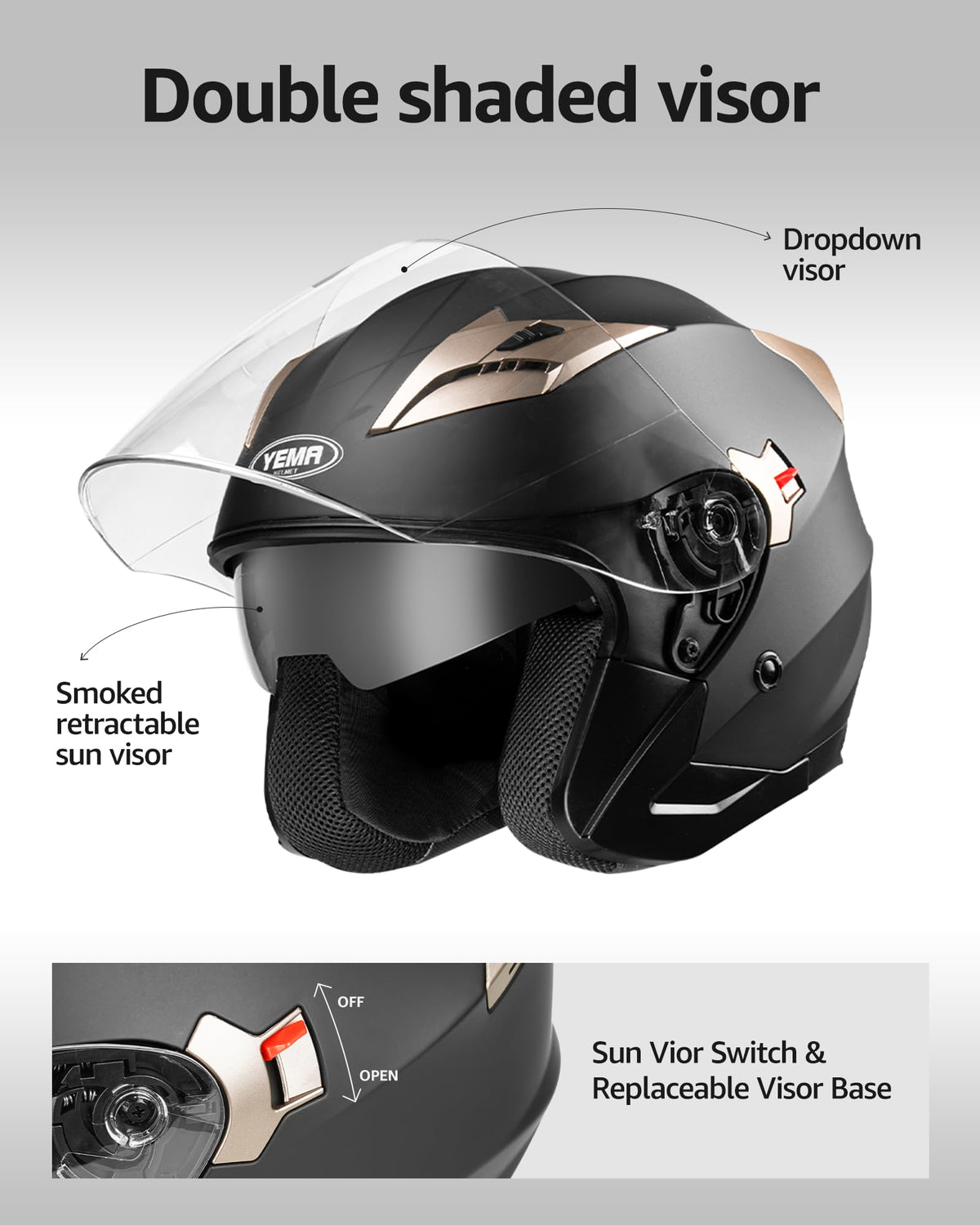 Open Face 3/4 Motorcycle Helmet DOT Approved Dual Visor M492