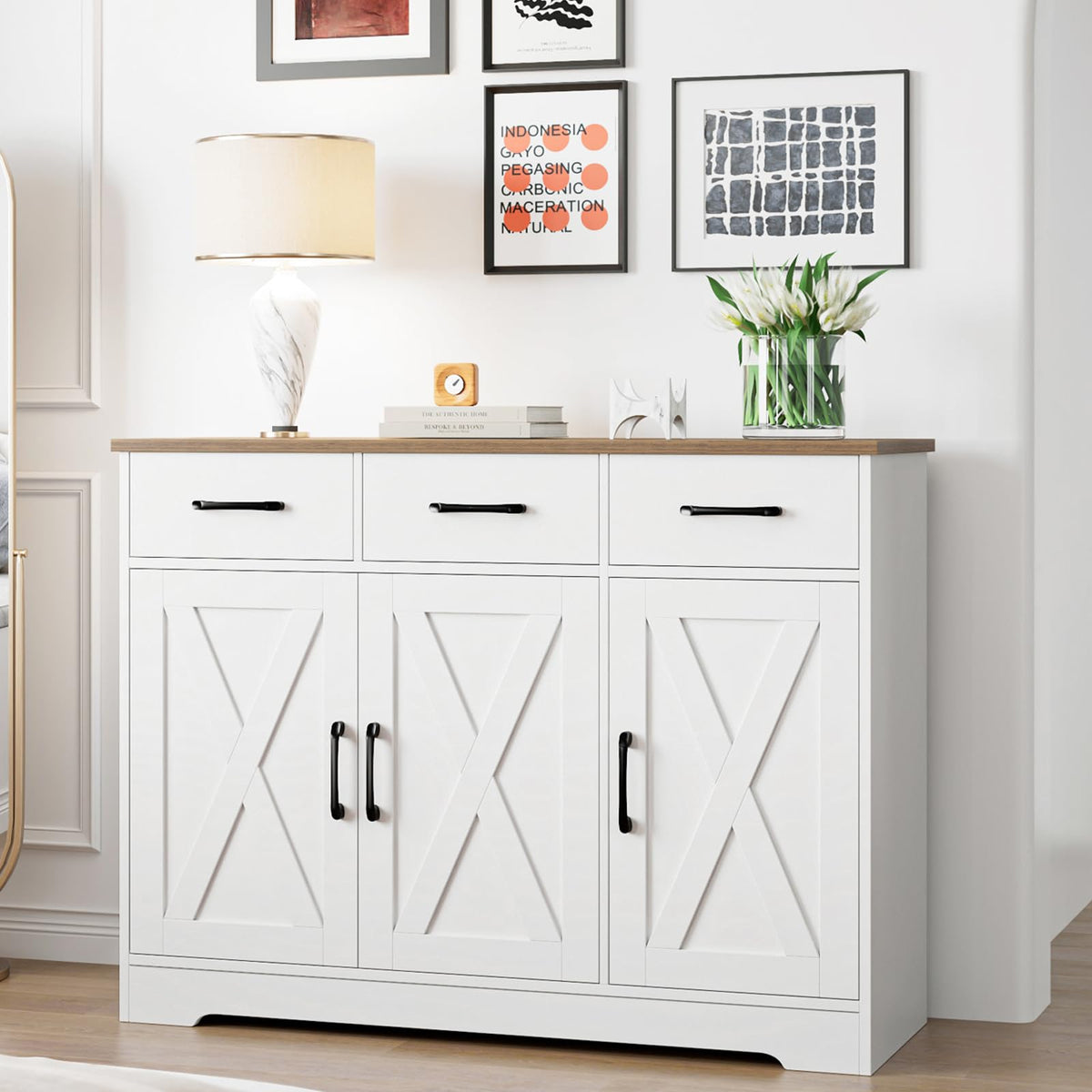 White Kitchen Buffet Cabinet with Storage Y866