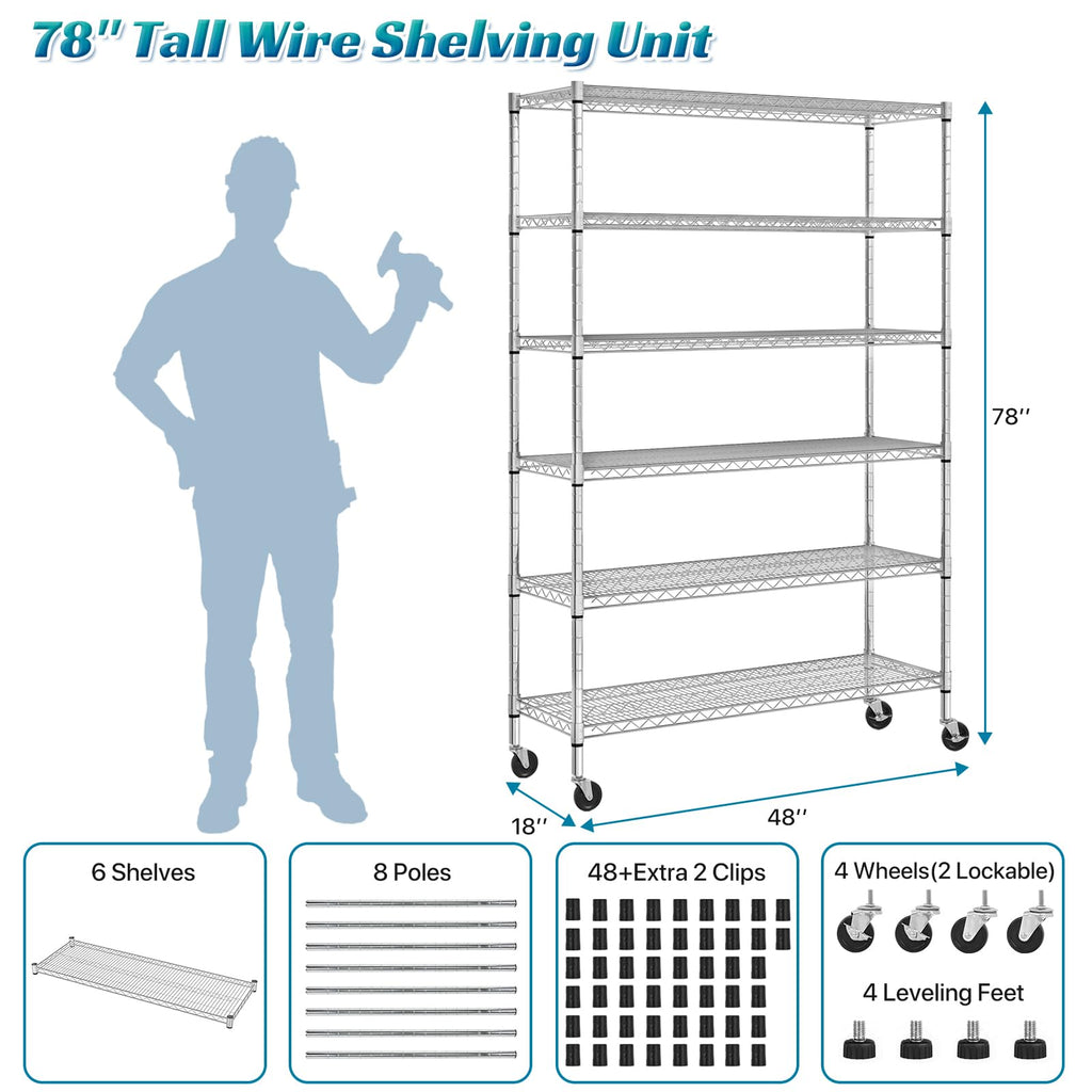 6-Tier Heavy Duty Steel Wire Shelving Unit with Wheels L97006