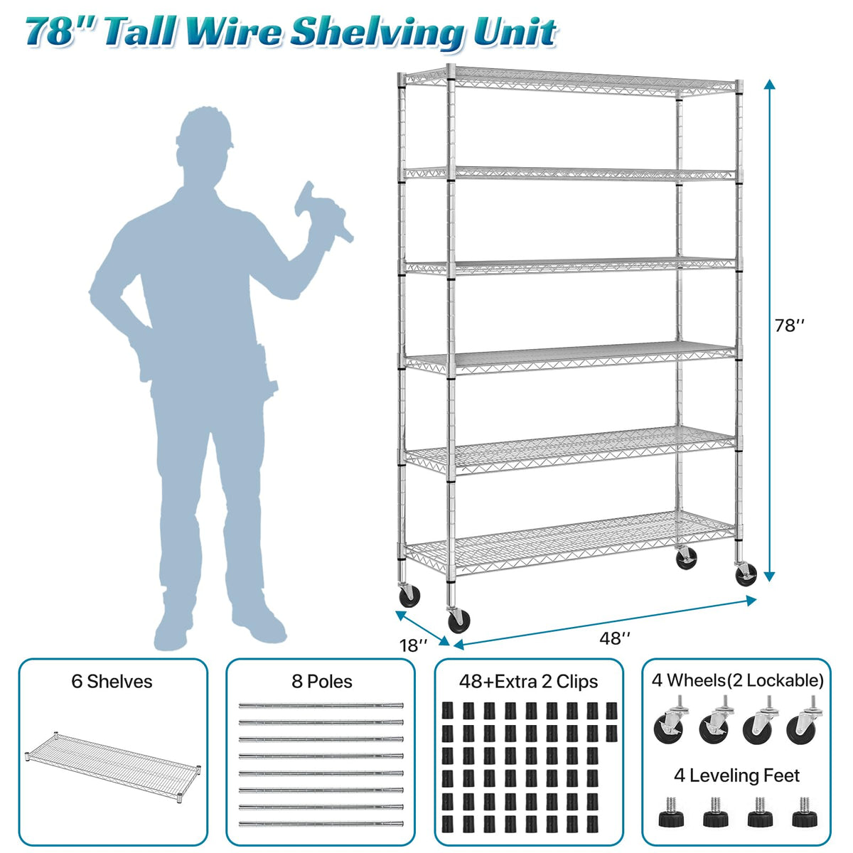 6-Tier Heavy Duty Steel Wire Shelving Unit with Wheels L97006