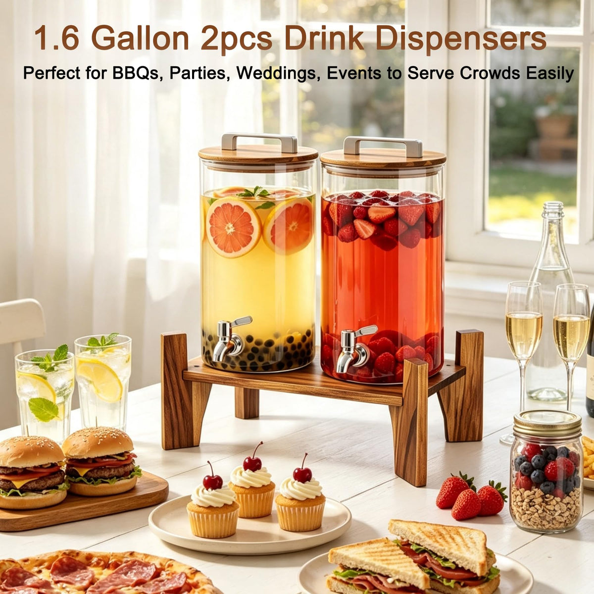 Glass Drink Dispenser with Wood Stand 1.6 Gallon C1874