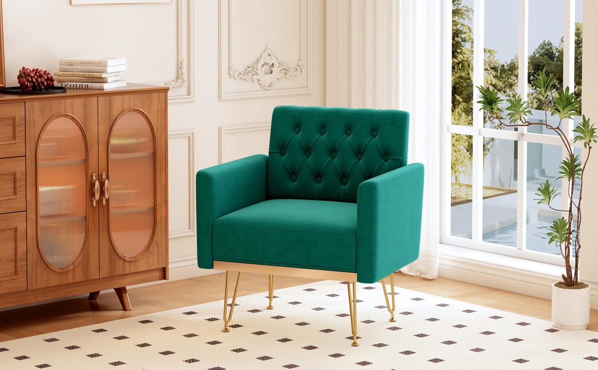 Oversized Velvet Tufted Accent Chair with Gold Legs Z27396