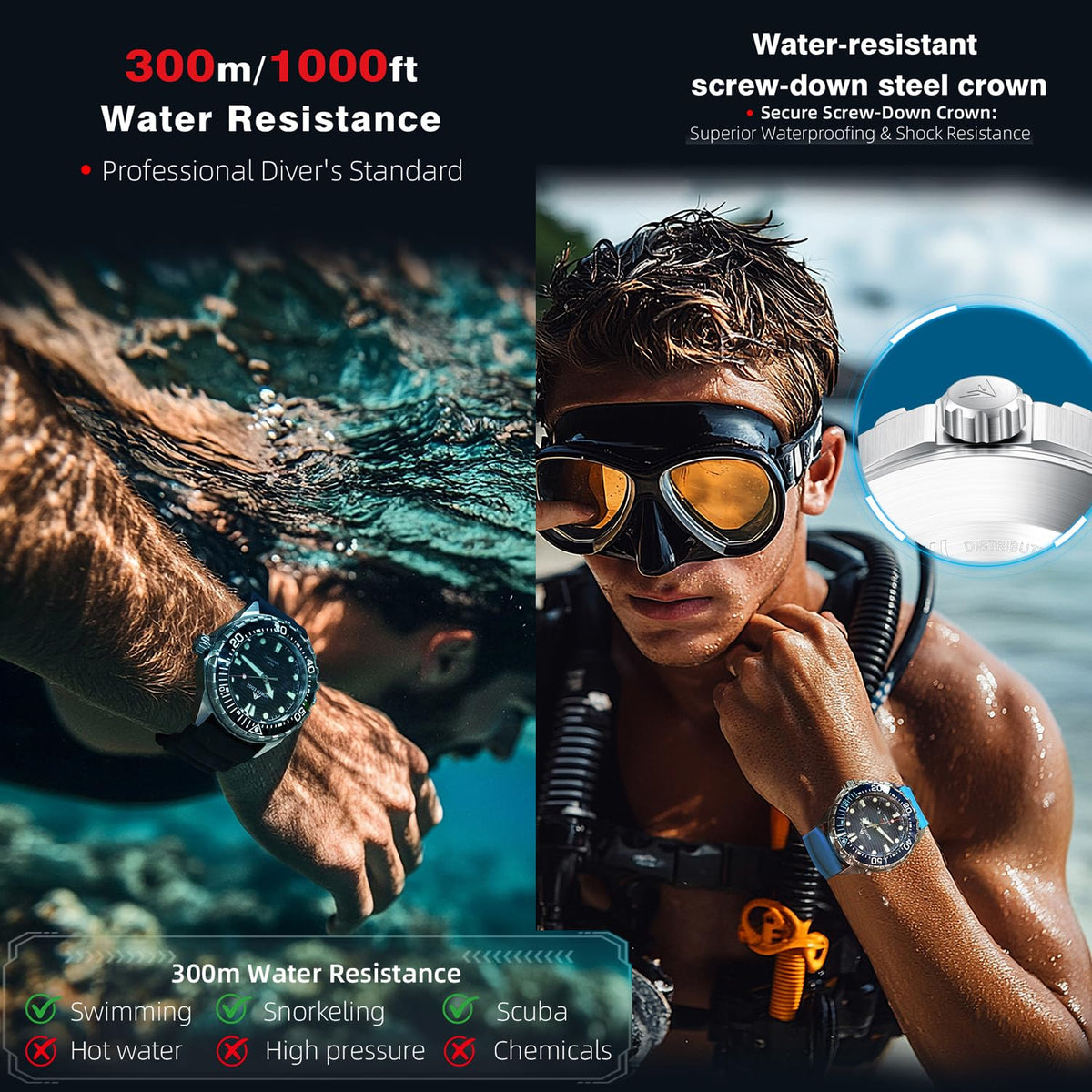 300M Water Resistant Stainless Steel Quartz Analog Watch P54542