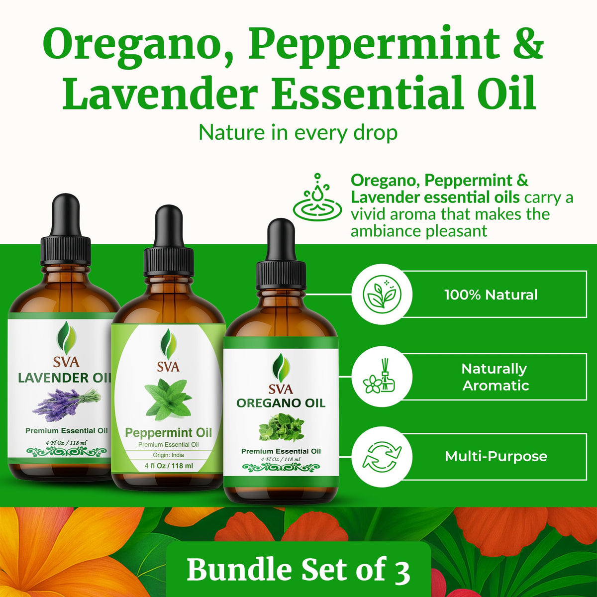 Oregano Aromatic Trio Glass Bottles with Droppers 4 Fl oz V301