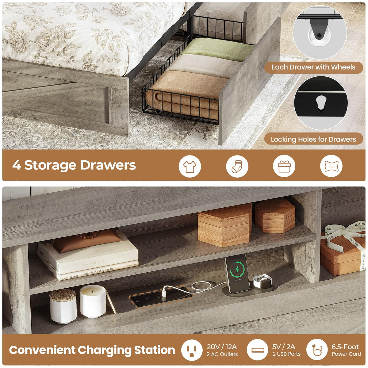 Twin Bed with Bookcase Headboard and 4 Drawers C132834