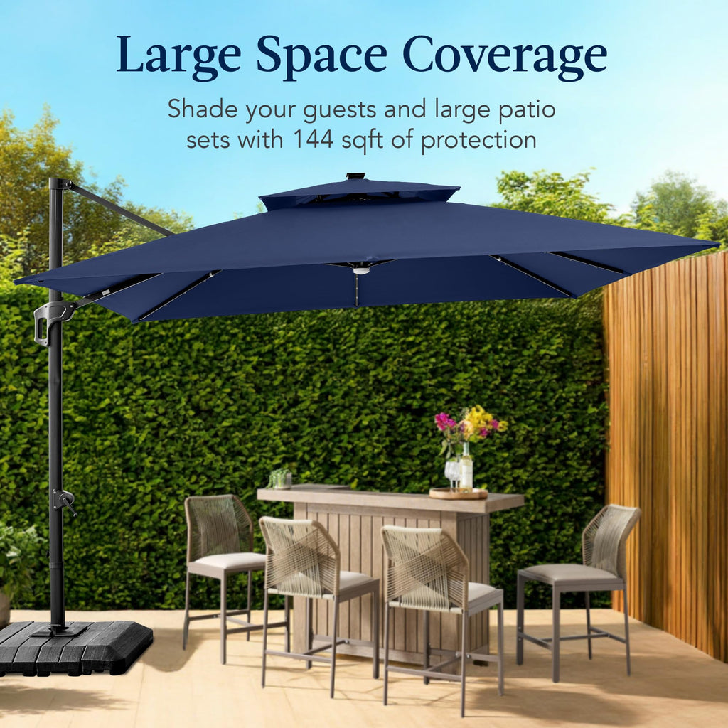 12x12ft LED Cantilever Patio Umbrella with Base and 360° Rotation U6682