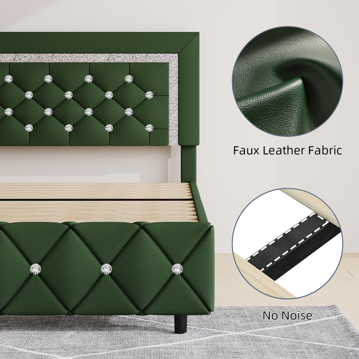 Green Faux Leather Upholstered Bed Frame with Headboard J95614